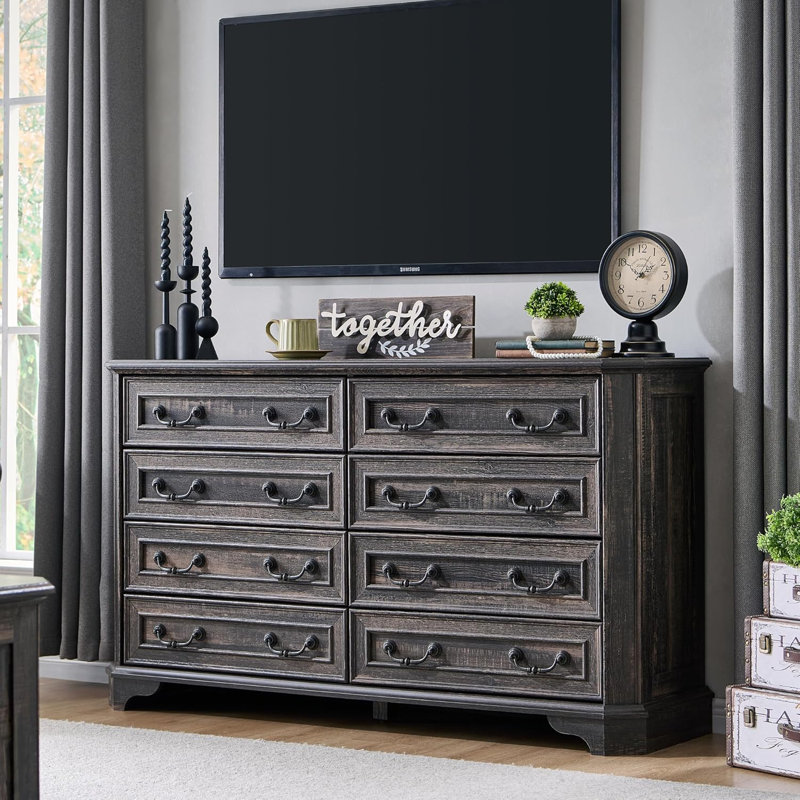 8-drawer Chest, Storage Dresser With Metal Handles, Wide Bedroom Organizer, Dark Rustic Oak