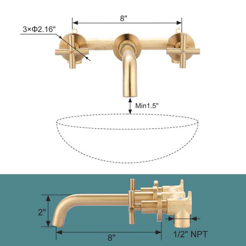 Brushed Gold Double Handle Wall Mounted Bathroom Faucet