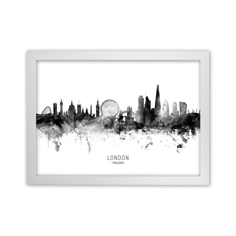 London England Skyline Black White City Name by Michael Tompsett - Print, 25cm H x 34cm W x 3cm D, White Framed