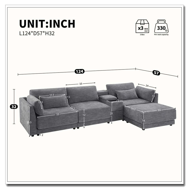Canapé modulaire en forme de L de 124 po avec console de rangement multifonctionnelle, chargeur câblé et sans fil, repose-pieds mobile, coussin plus large et plus épais, combinaison libre pour le salon et l’appartement