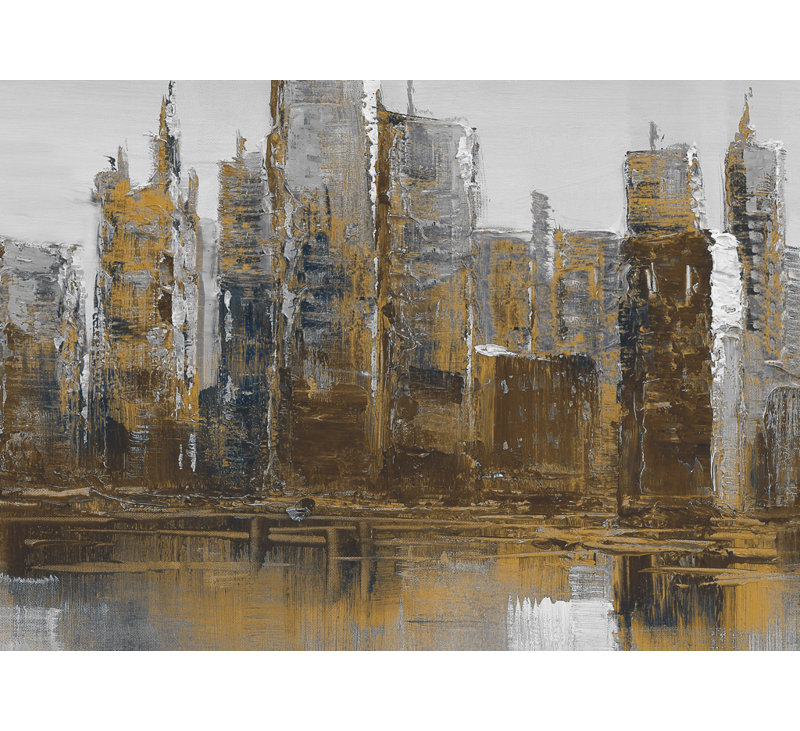 Gray and Yellow Cityscape - Shapes Brown Framed Canvas Decor