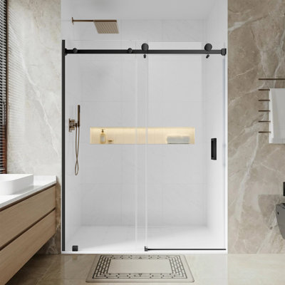 UKS05 56 to 60 in. x 76 in. H Frameless Single Sliding Shower Door with U-Chanel and 3/8 in. (10mm) Clear Glass in Matte Black