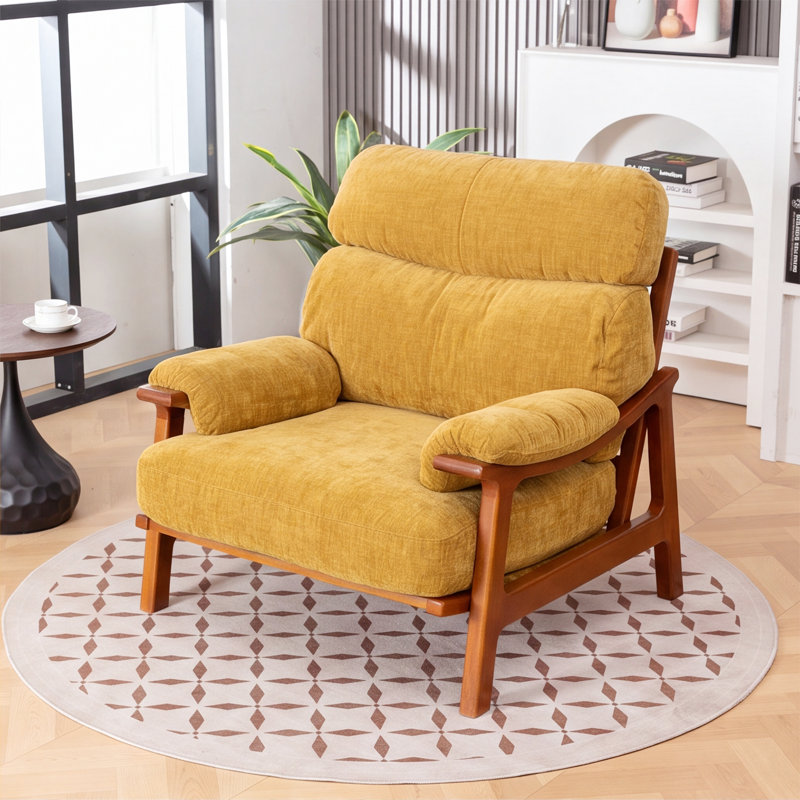 Cozy Modern Chenille Lounge Accent Chair with Solid Wood Frame and Padded Arms, Yellow