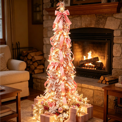 5FT Pre-Lit Pop Up Pink Christmas Tree with Pink Ribbon Bows, 50 Warm White LED Fairy Lights, Xmas Ball Ornaments, Foldable Pencil Slim Collapsible Xmas Tree with 4-Prong Plastic Base for Home Holiday Decor