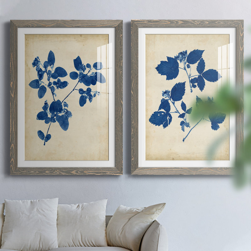 Toile encadrée Indigo Leaf Study, H 37,5 po x l 55 po x P 1,5 po, Cadre en papier gris, Blanc