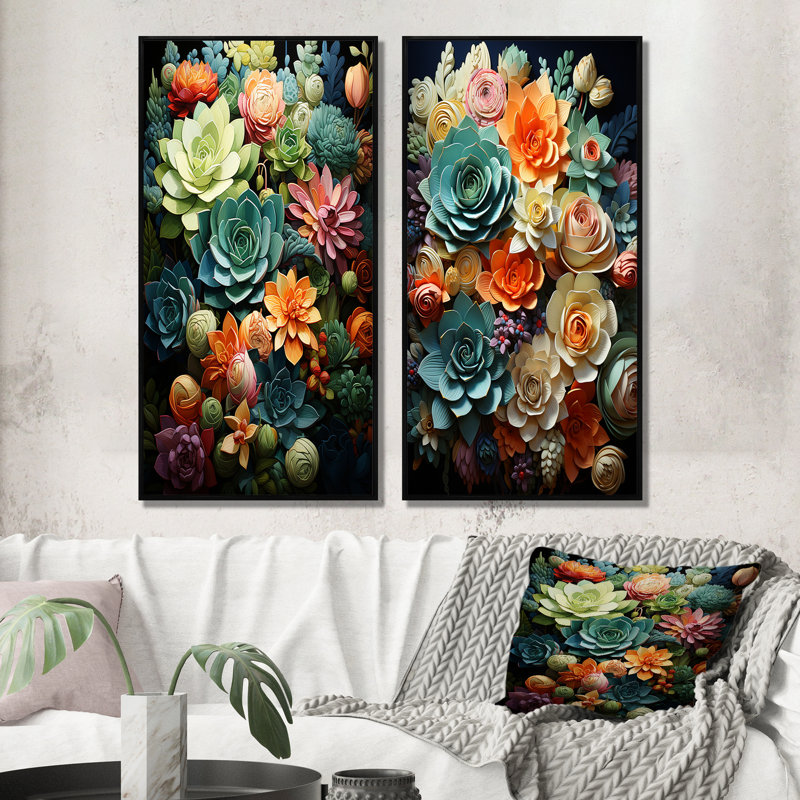 «Green Balck Succulent Serenity», 2 pièces, H 20 po x l 24 po, Cadre noir