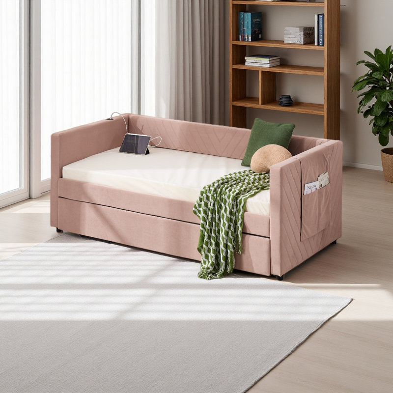 Twin Size Upholstered Daybed With Trundle,USB Port ,Side Pockets, Modern V-Grained Backrest Design,No Box Spring Needed, For Bedroom, Guest Room