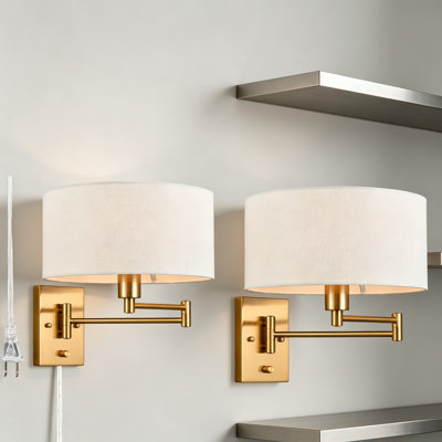 Ensemble de 2 appliques murales à bras pivotant, lampe murale moderne à brancher ou à brancher avec interrupteur marche / arrêt, applique à finition laiton réglable pour la chambre à coucher, le salon et le bureau