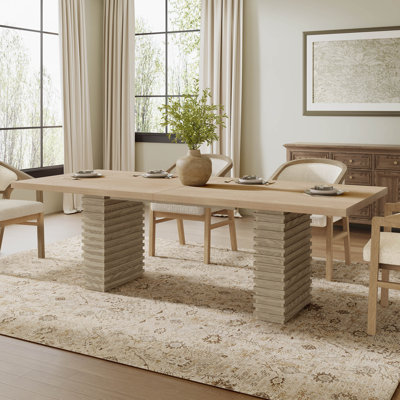  95" Rectangular Dining Table with Solid Wood Top & Sculpted Pedestal Bases, Modern Dining Room Table, Light Ash