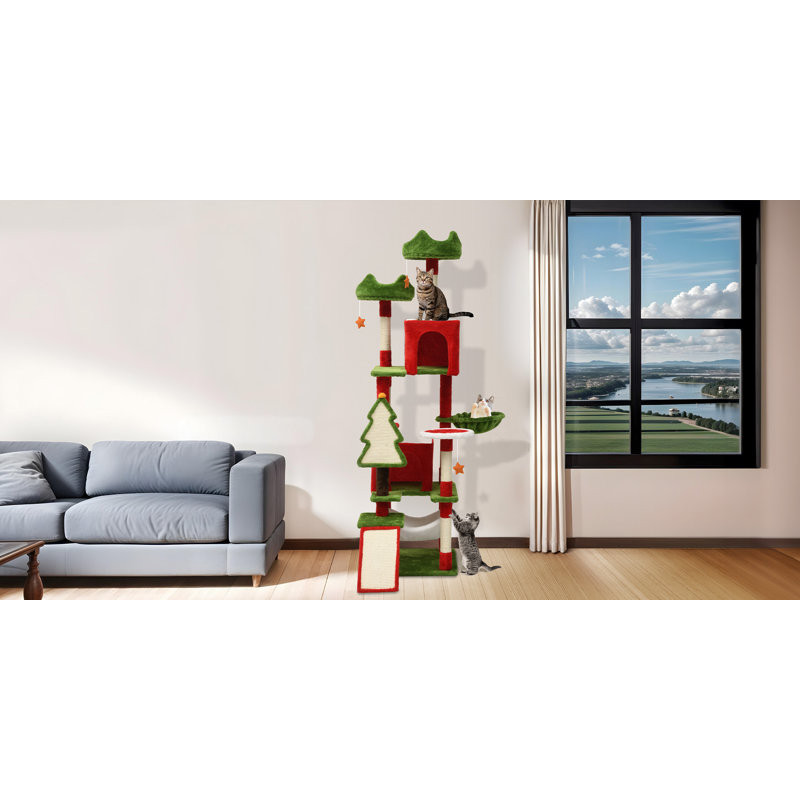 Christmas-Themed Multi-Level Cat Tree with Hammock and Scratching Posts