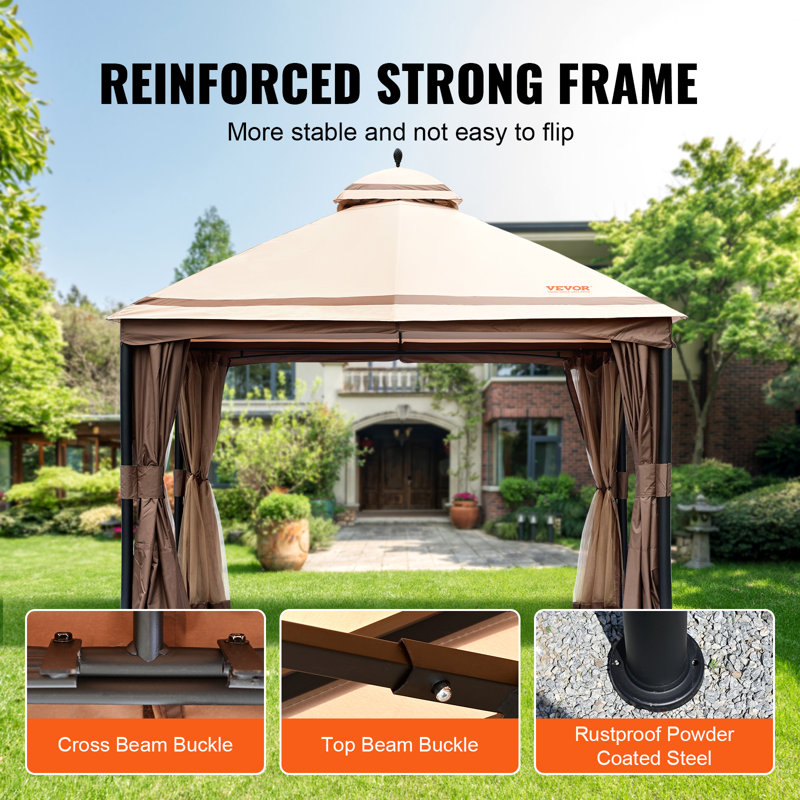 Large Waterproof Beige Steel Patio Gazebo with Mosquito Netting