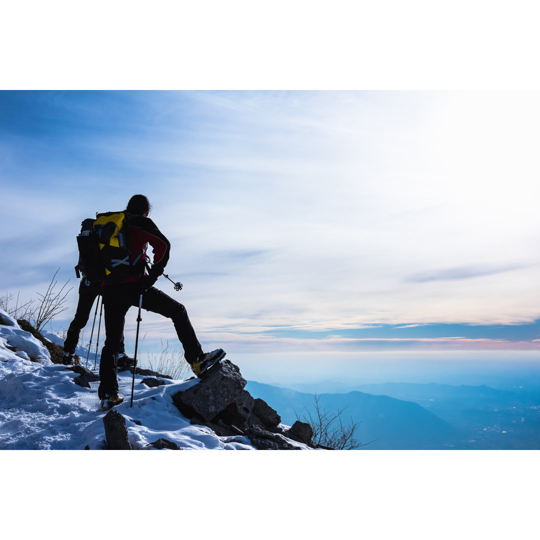 Wanderer auf dem Berggipfel von Deimagine - Kunstdrucke auf Leinwand ohne Rahmen