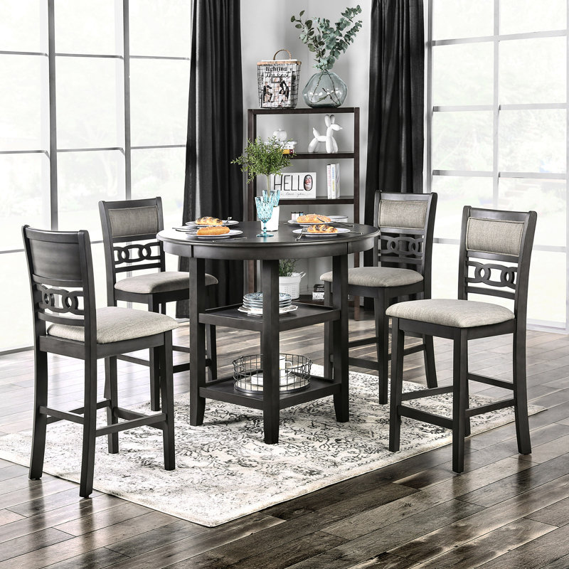 Table de salle à manger 5 comptoirs, table ronde grise avec tablettes de rangement, 4 chaises rembourrées en tissu, 2 sièges rembourrés