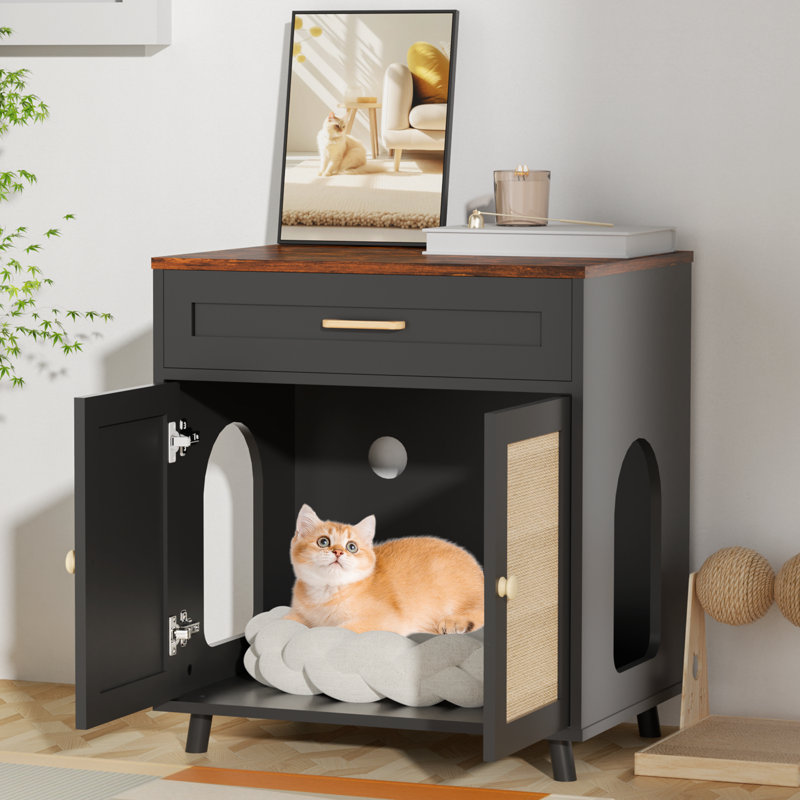Tucker Murphy Pet™ 23.6'' Modern Wood Cat Litter Box Enclosure Cabinet With Drawer, Black