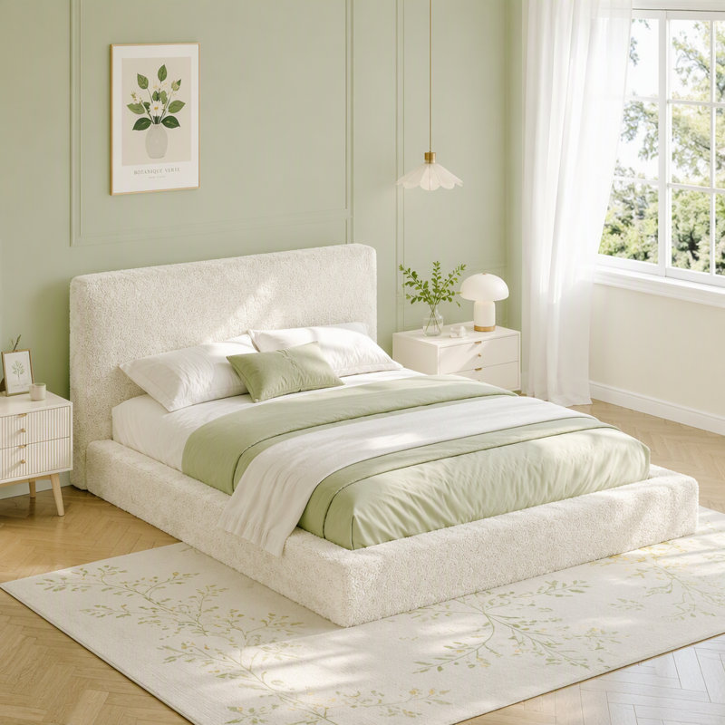 Structure de lit avec table d'appoint coulissante réglable effet flottant visuel, Grand lit