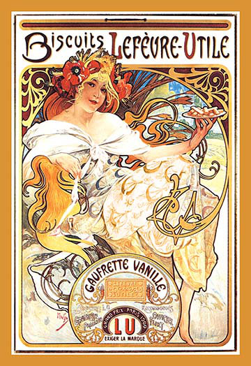 « biscuits lefevre-utile » par alphonse mucha affiche rétro, H 42 po x l 28 po x P 1,5 po