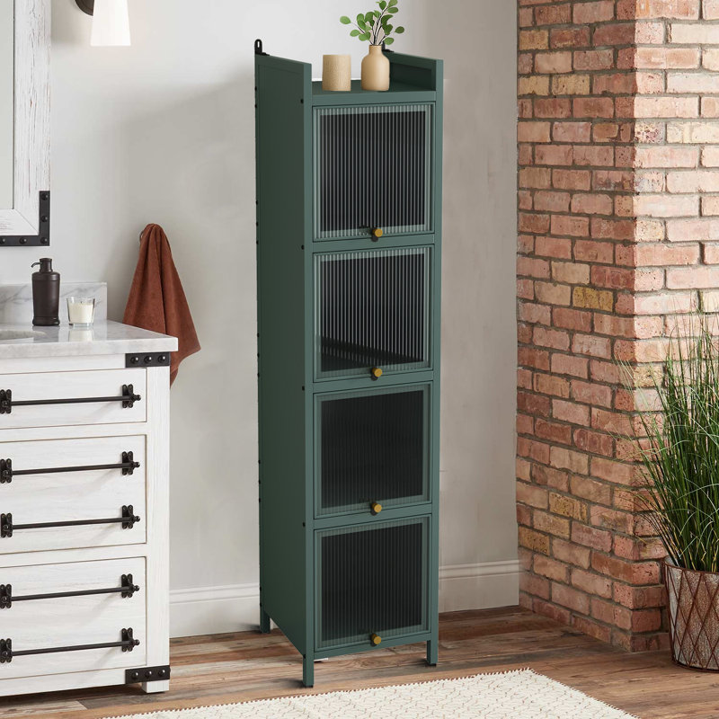 Modern Storage Cabinet bathroom cabinet with Four Ribbed Glass Doors, Metal Organizer, Green