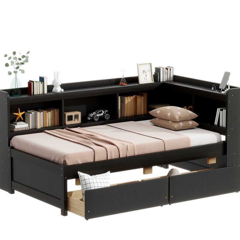 Lit simple avec bibliothèques en forme de L, 2 tiroirs, ports, charge en pin, Espresso