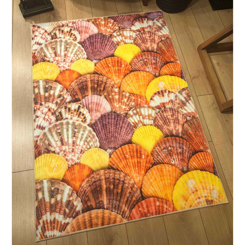 Tapis rectangulaire orange / jaune en polyester tissé à la machine Mccord, Rectangle 4 pi 7 po x 6 pi 7 po