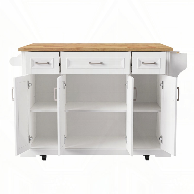 54inch Large Kitchen Island with Rubber Wood Drop Leaf, White