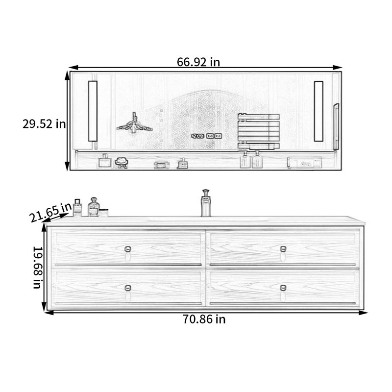 Armoire de salle de bain de style moyen-antique, H 19,68 po x l 70,86 po x P 21,65 po