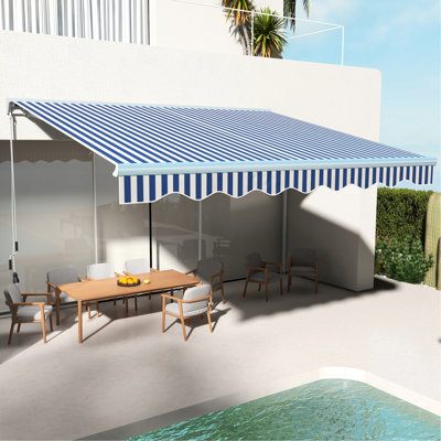Auvent de terrasse 13 'x 10' avec lumières à DEL, protection solaire UV40 +, rétractable électrique, bleu, terrasse, terrasse de jardin, 10 pi, écran pour patio, cour, bleu blanc