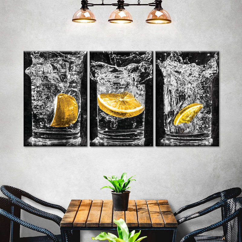 Ensemble de 3 impressions sur toile Lemon Water Pop, H 18 po x l 38 po x P 1,25 po