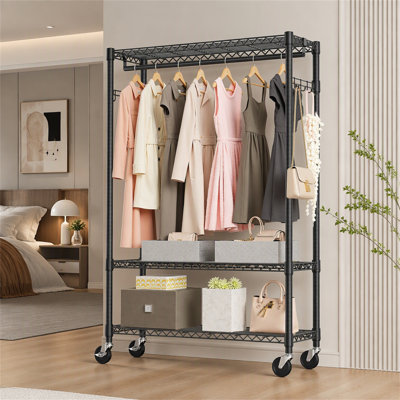 Portant à vêtements robuste à 3 niveaux avec 1 tringle et crochets latéraux, support à vêtements avec roulettes P 15,7 po x l 45,3 po x H 75,6 po