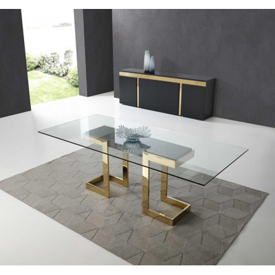  87" Clear And Gold Glass And Stainless Steel Double Pedestal Base Dining Table