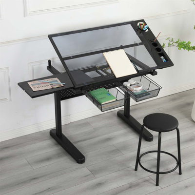 Hand Crank Adjustable Drafting Table With 2 Metal Drawers And Stool, Tempered Glass Top, And Extended Desktop