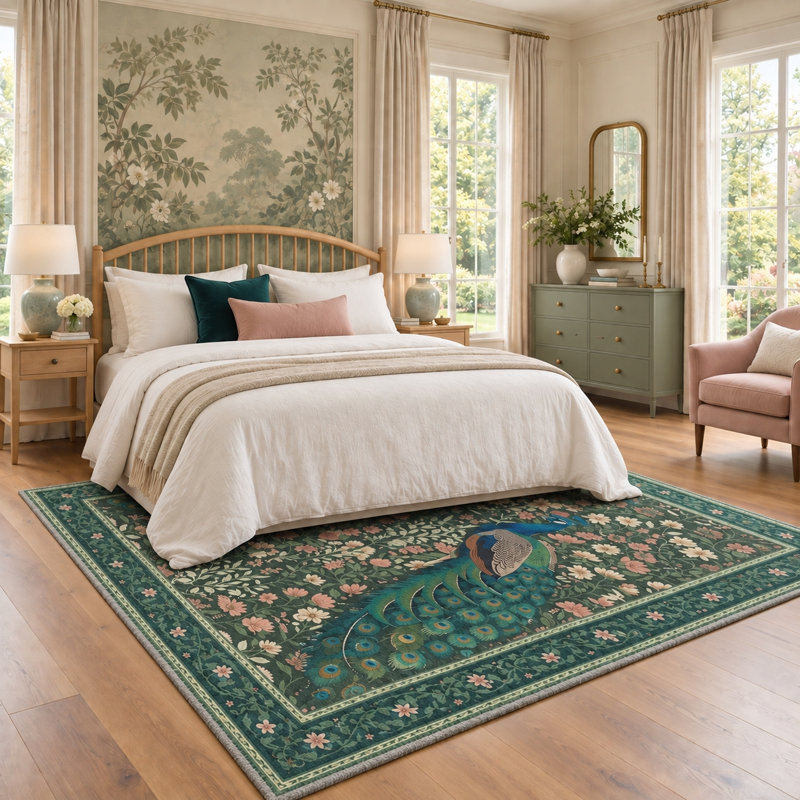 Vintage Peacock Botanical Machine Washable Green Area Rug, Floral Bird Non-Slip Rug for Living Room Bedroom