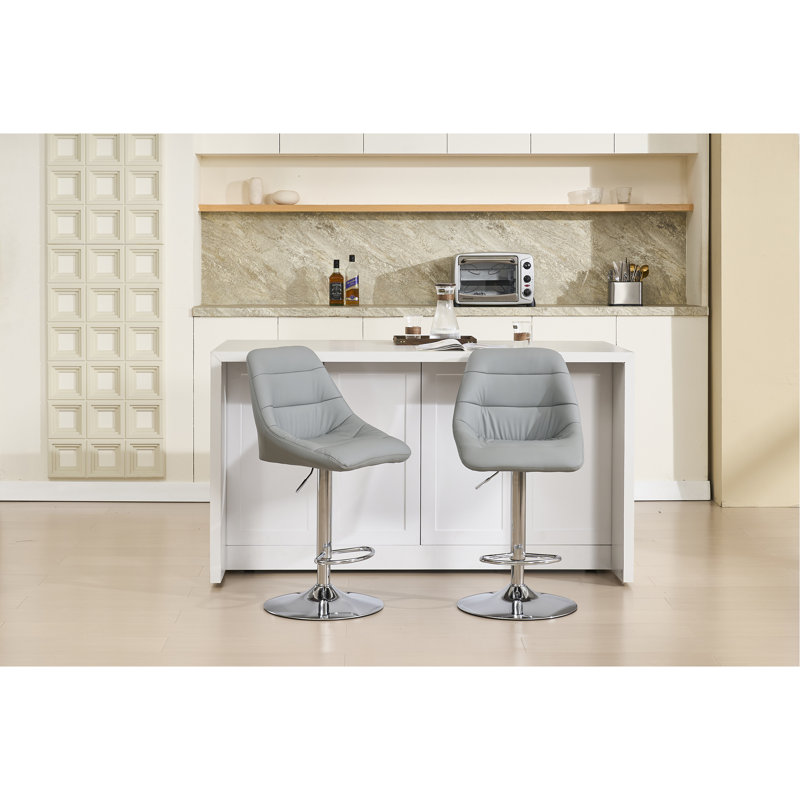 Set Of 2 Bar Stools, With Chrome Footrest And Base Swivel Height Adjustable Mechanical Lifting Velvet + Bar Stool-GREY (Easy To Clean)