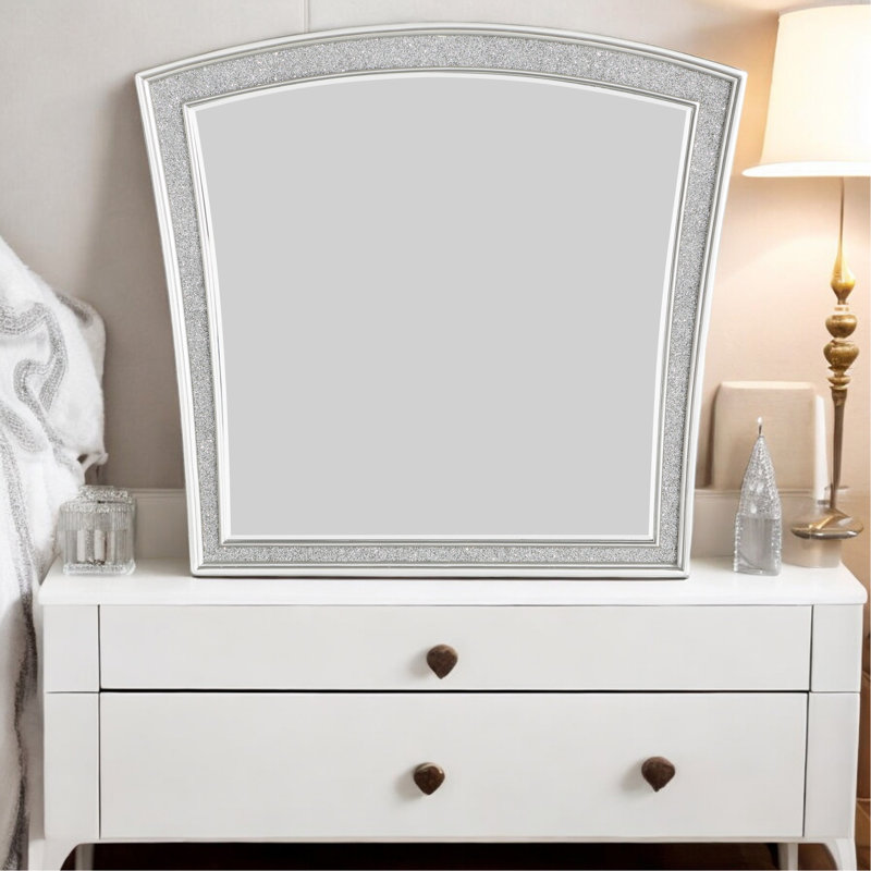 Exquisite Platinum-Finished Mirror With Sparkling Rhinestone Inlays And Expansive Viewing Area For Any Room.