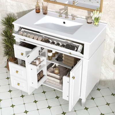 Meuble-lavabo élégant avec lavabo, armoire en bois, tiroir et 2 portes à fermeture en douceur pour les salles de bain modernes