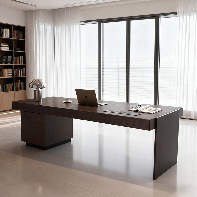 Light Luxury Modern Brown Home Office Desk with Spacious Drawers and Storage Cabinet, 29.53" H x 78.74" W x 27.56" D