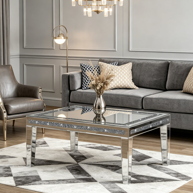  Glass Coffee Table Diamonds Mirrored Top Center Table 60x90cm