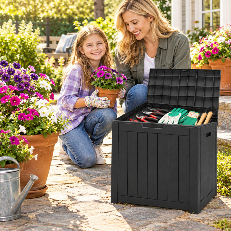 30-Gallon Outdoor Deck Box with Lockable Lid, 154 lb Seat Capacity, Recessed Handles and Wood-Grain Polypropylene, Black
