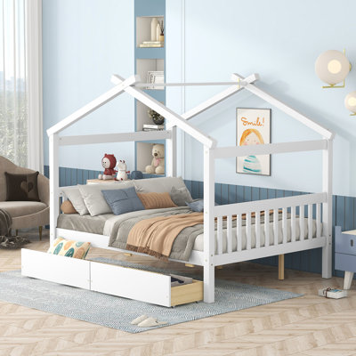 Innovative Wooden House Bed With Drawers For Kids, Encouraging Creativity And Offering Ample Storage, Ideal For Bedroom Decor