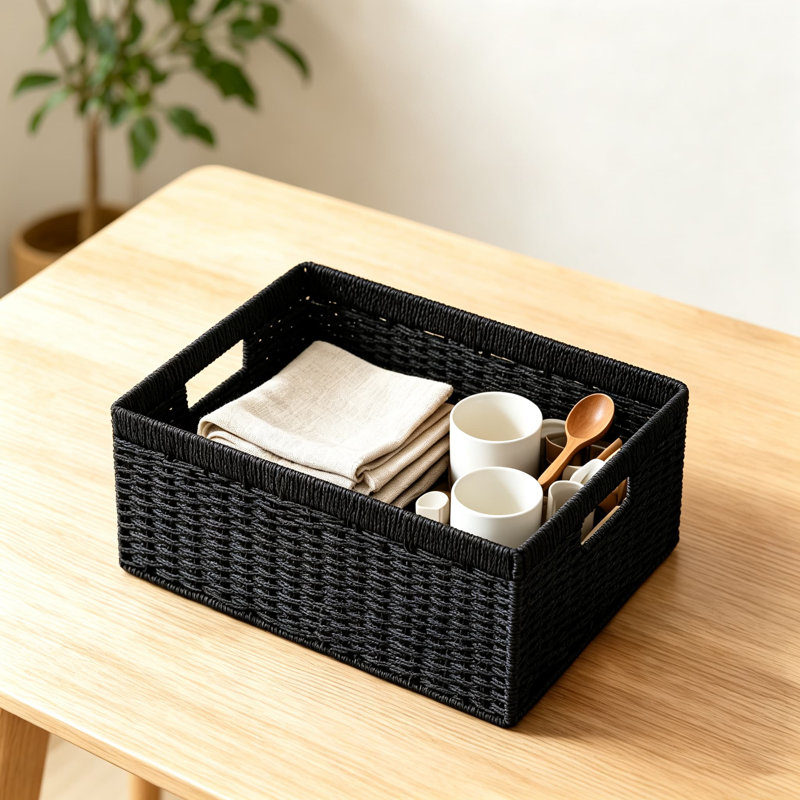 Ensemble de 4 paniers de rangement en corde de papier tissé avec poignées, paniers rectangulaires pliables pour tablettes, bacs de 13,4 po x H 8,3 po x l 7,1 po pour organiser le salon, le placard et la chambre de bébé