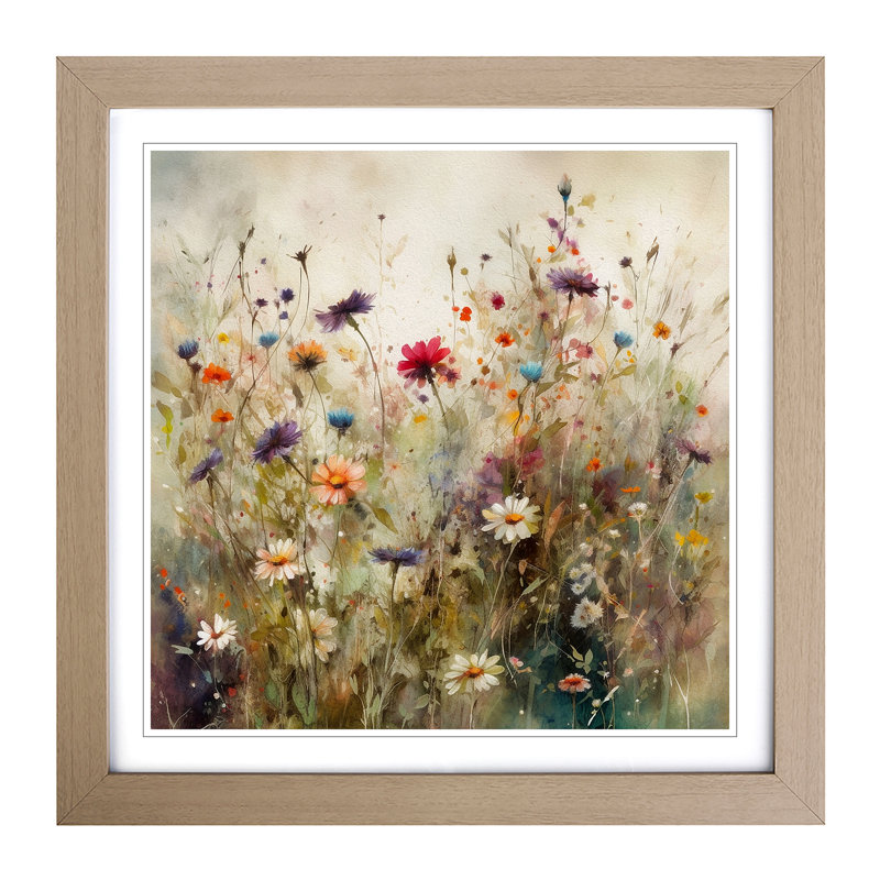 Meadow Floral Art - Single Picture Frame Print on Wood, Oak