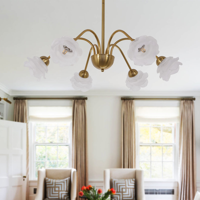 6 - Light Antique Brass Dimmable Chandelier With Glass Petal Lampshade