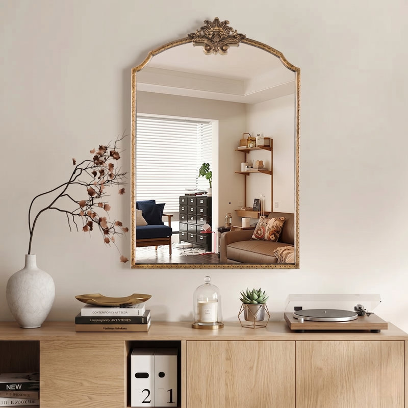 Lindon Arched Iron Wall Mirror, Antique Gold, 30" x 20"