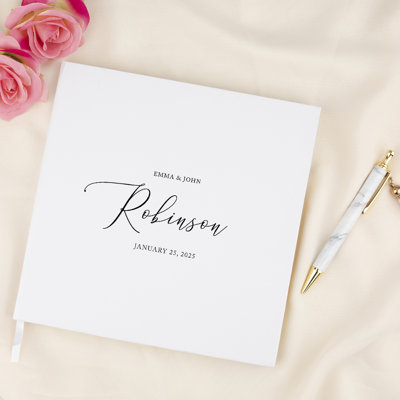 Livre d'or de mariage personnalisé, script personnalisé nom de famille blanc