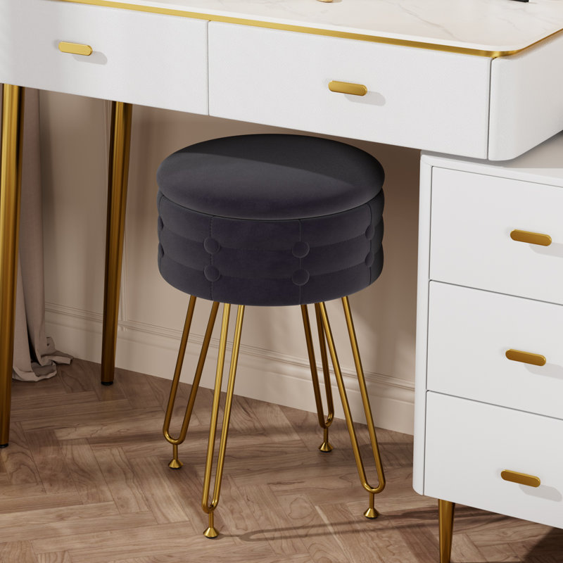 Round Storage Ottoman Vanity Stool Chair For Makeup Room,Bedroom,Living Room, Black