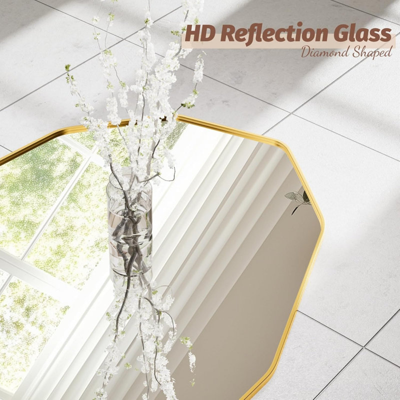 71" X 28" Diamond Shaped Full Length Mirror, Gold Aluminum Frame, Wall-Mounted, Leaning, Or Free Standing Full Body Mirror For Bedroom, Bathroom, Or Living Room