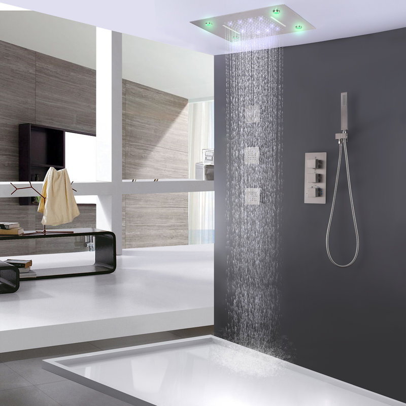 Bojet Thermostatic LED Shower Faucet Set Square Rain Shower Head Combo with 3 Handles & 4 Functions Recessed Wall Mounted Bathroom Shower System Kit
