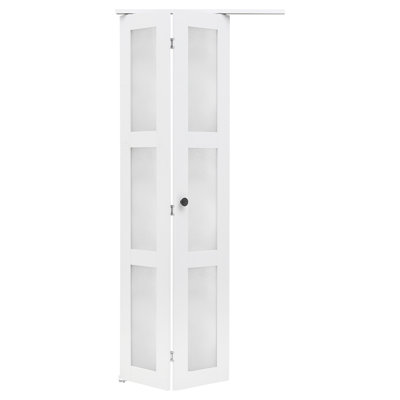 Porte de placard pliante à 2 panneaux, 30 po (double 15 po) x 80 po, porte de grange pliante à 3 carreaux en verre dépoli avec quincaillerie en métal et cadre composite robuste, moderne, élégant et peu encombrant pour les placards et les chambres à coucher
