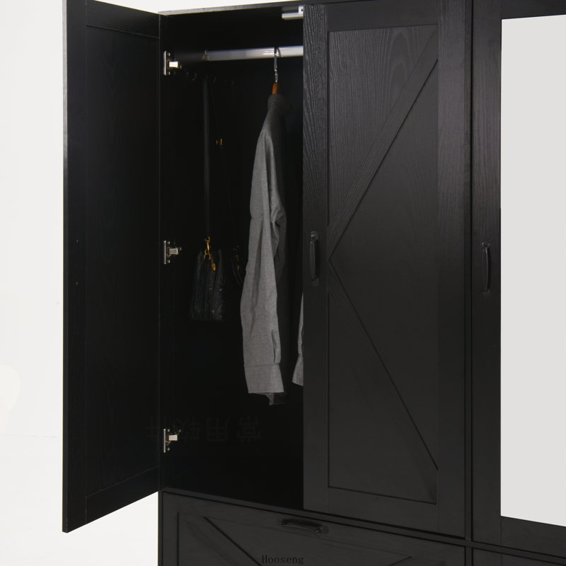 Armoire-penderie noire à 4 portes avec miroir, éclairage DEL, 2 tiroirs, tringle et étagères réglables