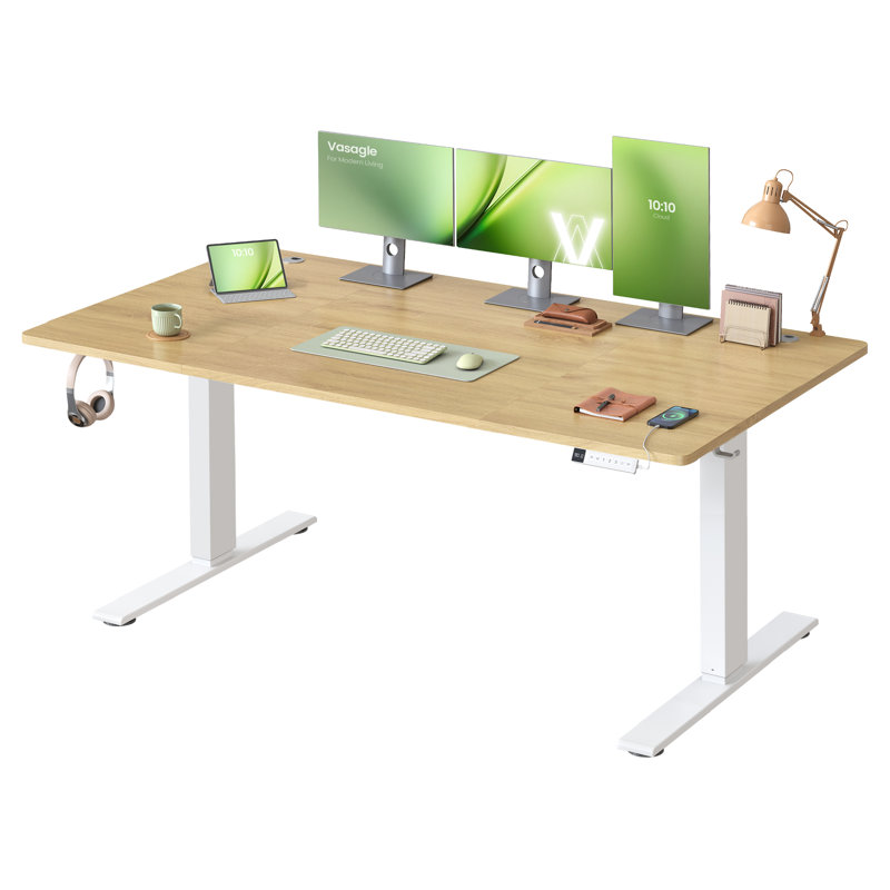 Adjustable Height Steel Standing Desk with Built-In Electrical Outlet, 160cm W x 80cm D, Brown/White