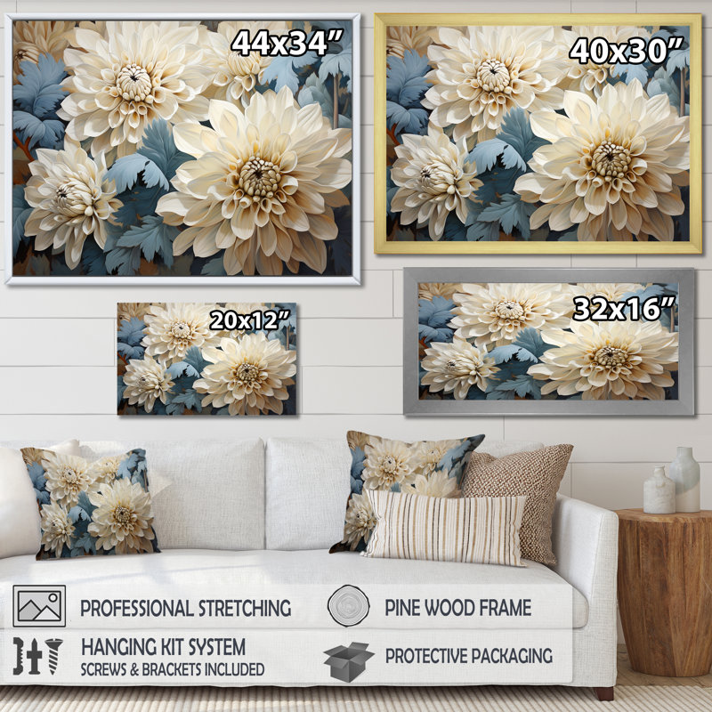 Chrysanthèmes blanc bleu mosaïque jardin II - décoration murale de chrysanthèmes, H 24 po x l 32 po x P 1 po, Toile tendue